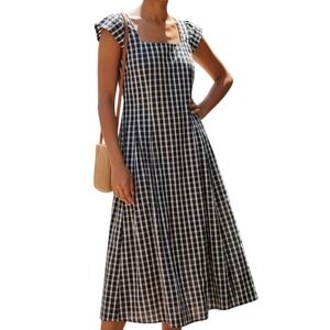 Gingham Midi Dress Black White Square Neck Tiered Sleeveless Casual